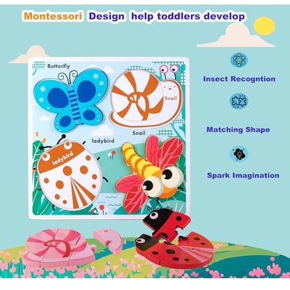 Wooden Chunky Jigsaw Puzzles for 18-24 Months Baby Toddlers Girls Boys Jumbo Base Puzzle Ages1-3 Popular Gifts for Toddler 1+ Year Old - color: Insect