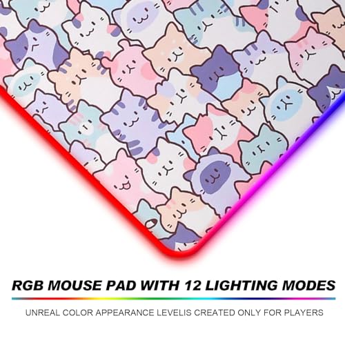 RGB Pink Cat Mouse Pad, Large LED Gaming Light Up Computer Mousepad, Long Glowing PC Laptop and Keyboard Office Desk Mat for Women - color: Rgb05