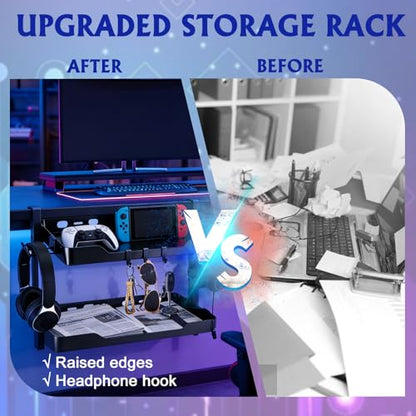 2-Tier Clamp on Desk Shelf, Dual-purpose Desk Organizer (Used on or Under Desk Storage), Desk Shelf Clamp with Hooks and High Load-bearing capacity, Suitable for Office Desk, Gaming Accessories