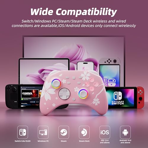 Mytrix Wireless Controllers for Switch/Switch 2, Windows PC iOS Android Steam/Steam Deck, Sakura Pink Bluetooth Controller with Programmable, Hall Effect Joysticks, Adjustable LED Light/Turbo/Vibration - color: Sakura Pink