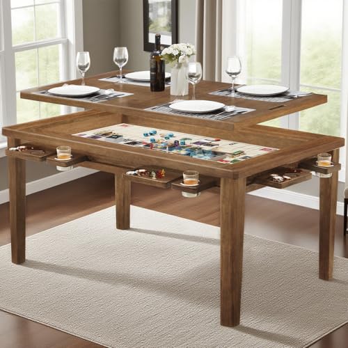 63"x39" Board Game Table with Removable Top Solid Wood Dining/Gaming Table | Gaming Table for 4-6 Players with Play Mat, 6 Detachable Cup Holders & 6 Hobby Trays (Light Walnut) - color: Light Walnut