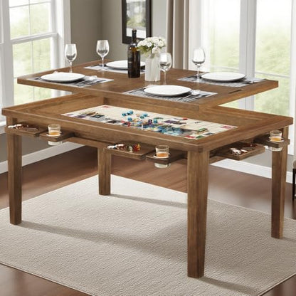 63"x39" Board Game Table with Removable Top Solid Wood Dining/Gaming Table | Gaming Table for 4-6 Players with Play Mat, 6 Detachable Cup Holders & 6 Hobby Trays (Light Walnut) - color: Light Walnut