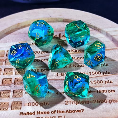 HAOMEJA Colorful Polyhedral Resin Dice Set, Hand-Cut Diamond Facet Optical Dice | Perfect for RPG, Tabletop & Board Games | Halloween, Christmas & Birthday Gift (Blue White Green) - color: 4 Blue White Green