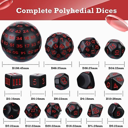 Civaner 15 Pcs Complete Polyhedral Dice Set D3-D100 Spherical RPG Dice Set in Opaque Black, 100 Sides for Role Playing Table Games Party Supplies(Black and Red) - color: Black and Red
