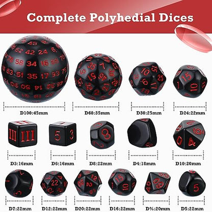 Civaner 15 Pcs Complete Polyhedral Dice Set D3-D100 Spherical RPG Dice Set in Opaque Black, 100 Sides for Role Playing Table Games Party Supplies(Black and Red) - color: Black and Red