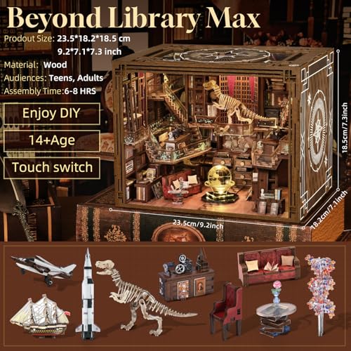 MiniCity Beyond Library Book Nook Kit, Wooden Miniature House with LED | 1074-piece wood/paper/plastic kit with LED and dust cover; glue/tools included; 8-10 hr build for shelf decor, ages 14+. - style: Beyond Library Max