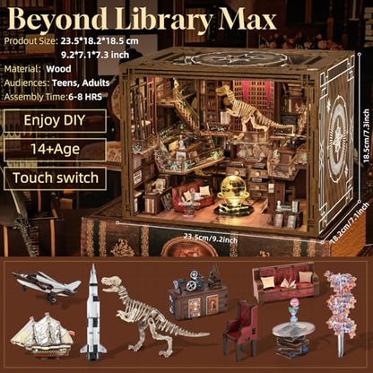 MiniCity Beyond Library Book Nook Kit, Wooden Miniature House with LED | 1074-piece wood/paper/plastic kit with LED and dust cover; glue/tools included; 8-10 hr build for shelf decor, ages 14+. - style: Beyond Library Max