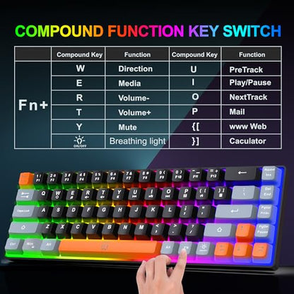 Snpurdiri 60% Wireless Gaming Keyboard and Mouse Combo,Rainbow Backlit Rechargeable 2000mAh Battery,Mini Mechanical Feel Keyboard + Popular RGB Mice for Gaming,Business Office(Gray-Black-Orange) - color: Black Gray Orange Combo