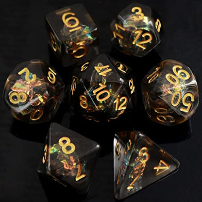 Haxtec Black DND Dice Set 7PCS Filled Resin Polyhedral D&D Dice W/Iridescent Mylar Inclusion Role Playing Dice Compatible with Dungeons and Dragons Gift - color: Black Gold