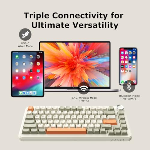 AK820 Max Tri-Mode Mechanical Keyboard, 2.4G Wireless/Bluetooth/USB-C, 75% 82Key Compact Layout, 8000mAh Battery, Hot-Swappable Gasket Mount, PBT Keycaps, RGB Backlit, Metal Knob (Fish Switch, Grey) - color: Retro