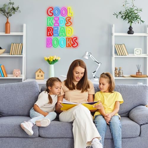 Cool Kids Read Books Neon Sign for Wall Decor Reading Letters Neon LED Light USB Powered Book LED Light Sign for Classroom Library School Girls Boys Room(12.6 * 16.54In) - style: Cool Kids Read Books