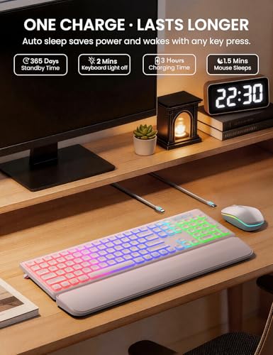 Wireless Keyboard and Mouse Combo, RGB Backlit, Rechargeable & Light Up Letters, Full-Size, Soft Typing, Sleep Mode, 2.4GHz Quiet Keyboard Set for Mac, Windows, Laptop, PC, Trueque KM42Pro | Light Up Letters, Full-Size, Soft Typing, Sleep Mode, 2.4GHz Qui