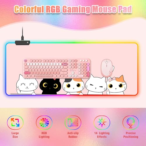 RGB Mouse Pad I Large Mousepad with 14 Led Modes I Keyboard Pad Gaming Desk Mat I Non-Slip Rubber Base Mouse Mat I 900x400x4mm Waterproof Mousepad for PC MacBook Women Girl I Cute Pink Kawaii Cats - color: Cute Pink Kawaii Cats