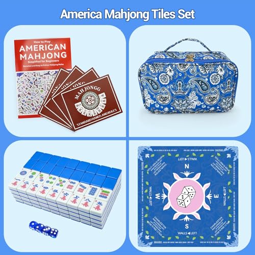 American Mahjong Tile Set, 166 Tiles (1.2”), Cute Mini Mahjong Tiles- Blue | Mahjong Tile Set with Carrying Bag, Dice, Mat, Portable Travel Complete Game Set for Home Outdoor Enthusiast Gift - color: Blue