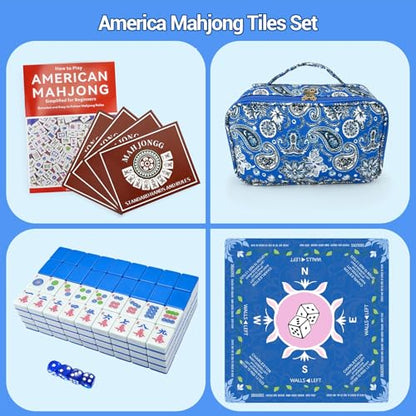 American Mahjong Tile Set, 166 Tiles (1.2”), Cute Mini Mahjong Tiles- Blue | Mahjong Tile Set with Carrying Bag, Dice, Mat, Portable Travel Complete Game Set for Home Outdoor Enthusiast Gift - color: Blue
