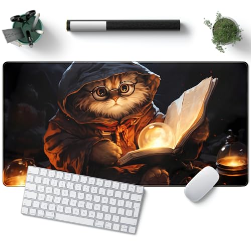 Magical Cat Desk Mouse Mat Black Vintage Desk Pad Playmat for MTG Large Mousepad Gaming Deskpad XXL Keyboard Mouse Pad Full Desktop Mat Desk Cover Mat for Work Office Home (31.5x15.7 in) - color: Magic House