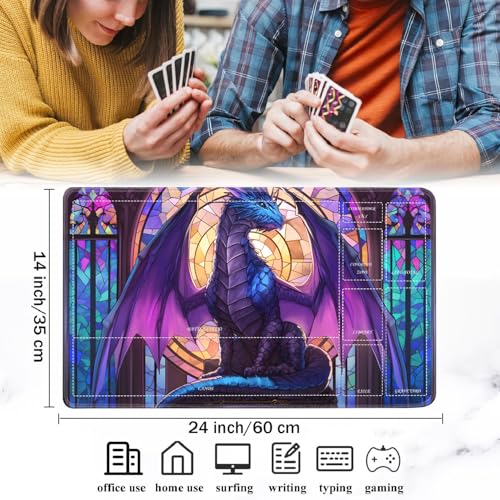 for MTG/TCG Playmat with Zones, 24 x 14 inches Trading Card Playmat with A Storage Bag and 6 Dice, Non-Lip Rubber Bottom Game Desk Mat, Stained Glass Dragon - color: Yux-playmats-2-3A-260