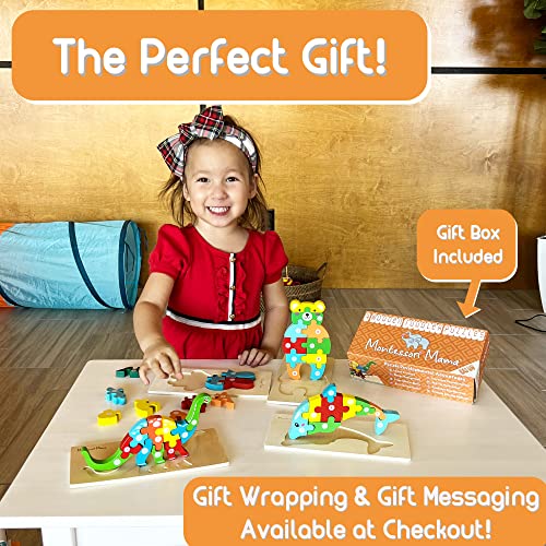 Montessori Mama Wooden Puzzles for Kids Ages 3-5, Montessori Toys for 3 Year Old, Animal Toys Ages 3+, 4-Pack Learning Puzzle
