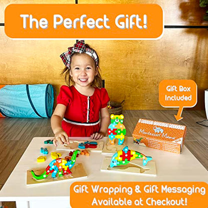Montessori Mama Wooden Puzzles for Kids Ages 3-5, Montessori Toys for 3 Year Old, Animal Toys Ages 3+, 4-Pack Learning Puzzle