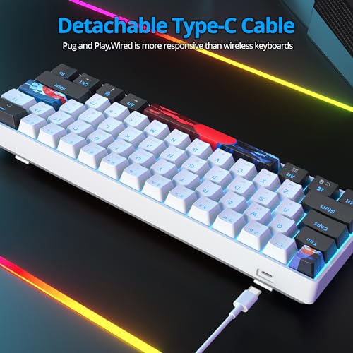 Protable 60% Percent Gaming Keyboard Mechanical, Mini Compact Ice-Blue LED Backlit 61 Keys Wired Office Keyboard with red Switch for Mac/Win/PS4/PS5（61White/red Switch） - color: 61White/red Switch