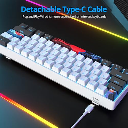 Protable 60% Percent Gaming Keyboard Mechanical, Mini Compact Ice-Blue LED Backlit 61 Keys Wired Office Keyboard with red Switch for Mac/Win/PS4/PS5（61White/red Switch） - color: 61White/red Switch
