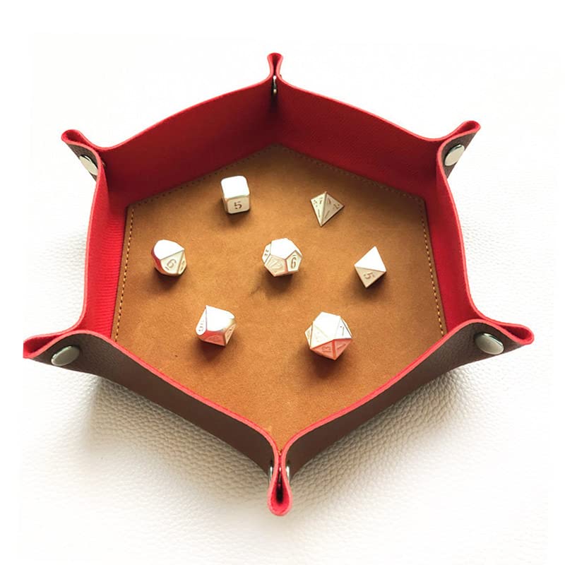 Bescon Hexagon Folding PU Leather and Velvet Dice Tray, Portable Dice Holder for DND, RPG, MTG Dice Gaming D&D and Other Table Games, Brown&Red - color: Brown&red