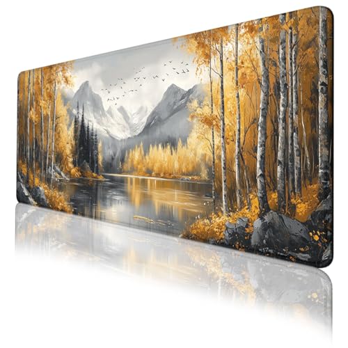 Landscape Mouse Pad Autumn Forest Lake Mountain View Extended Mousepad Waterproof Stitched Edges Rubber Base Non-Slip Deskmap Computer Keyboard Mat Office Computer Keyboard Laptop 31.5x11.8 Inch - color: Landscape_13, size: 31.5L x 11.8W inches