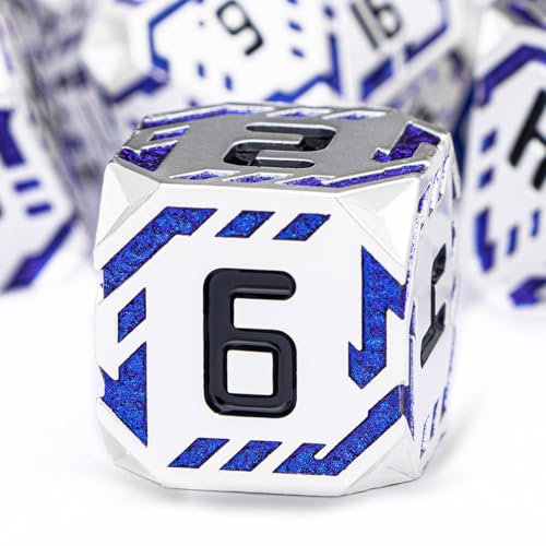 Metal DND Sci-fi Dice Set 7PCS Stripe Polyhedral Dice for Dungeons Dragons RPG Role Playing Game, Glitter D and D Dice with Gift Box D6 D8 D10 D12 D20 (Silver Blue) - color: Silver Blue
