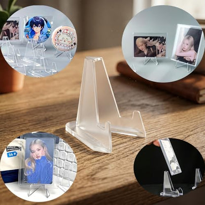 4 Tier Clear Acrylic Trading Card Display Stand with 5 Pc Mini Easel Stand, Card Stand & Display Risers, Card Holder Display for TCG MTG PSA Sports Cards, Greeting Cards Stickers, Postcards, Badge
