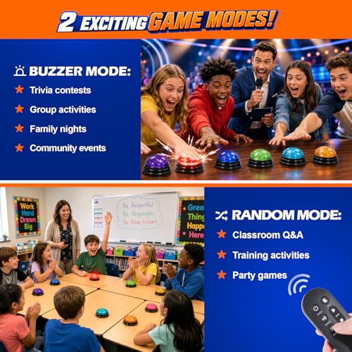 Buzzers for Trivia Games and Family Party: 8 Pack Answer Buzzers with Remote Control - Game Buzzers with Light & Sound First-Press Lock for Classroom Quiz