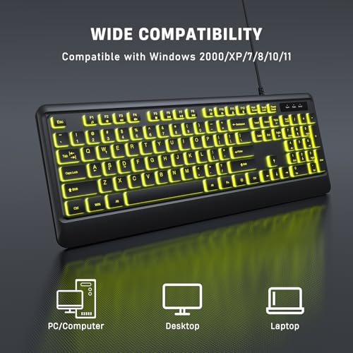 KOPJIPPOM Backlit Wired Keyboard, USB Lighted Computer Keyboards with 7 Colors Backlight, Full Size Silent Keyboard with Media Hotkey for Windows Desktop, PC, Laptop (Black, M)