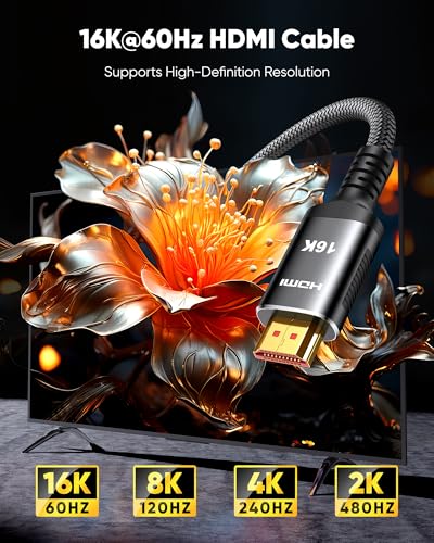 Snowkids 16K HDMI Cable 96Gbps 6.6FT/2M, 48Gbps Ultra High-Speed for TV | 16K 8K@120Hz, 4K@240Hz HDCP 2.3 & Dynamic HD, Ethernet, 3D, eARC, VRR, QFT, QMS, ALLM, DSC, SR Design - size: 6feet
