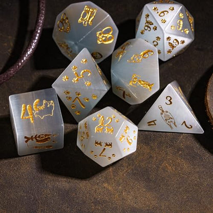 UDIXI Gemstone Dice Set White Cat's Eye Stone DND Dice for Tabletop Games | Natural Stone, Premium Gift Box, DM Gift, for Dungeons and Dragons Role Playing Games - color: White Cat's Eye（cat）
