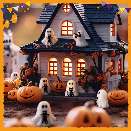 Soulchen 50pcs Halloween Mini Resin Figures Bulk Tiny Resin Ghost Figures Little Small Miniatures to Hide Ghost with Black Cat Craft for Halloween Party Gifts Bag Fillers Decor - style: Ghost