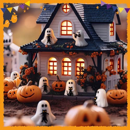 Soulchen 50pcs Halloween Mini Resin Figures Bulk Tiny Resin Ghost Figures Little Small Miniatures to Hide Ghost with Black Cat Craft for Halloween Party Gifts Bag Fillers Decor - style: Ghost