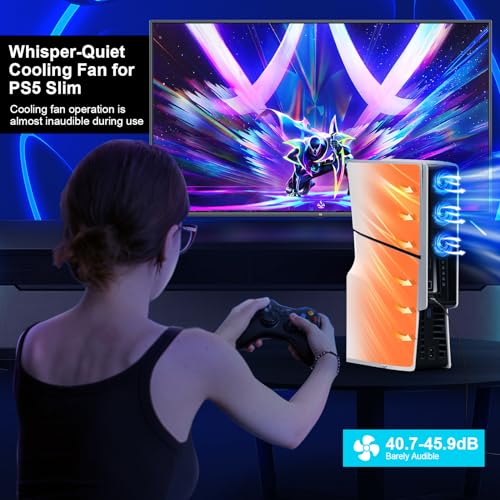 Cooling Fan for PS5 Slim Console, Auto Power On/Off Cooler Fan Accessorie with 2 Speed Fans USB 3.0 Port for PlayStation 5 Slim Digital & Discs Edition(Not for PS5/PS5 Pro)