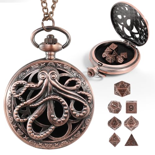 D&D Dice Set,7PCS Metal Dice for Dungeons and Dragons,Mini Dice Set with Pocket Watch Case,Role Playing Board Games Accessories (Octopus, Copper) - color: Copper, style: Octopus