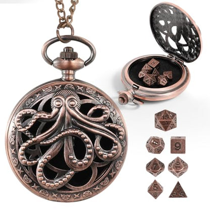 D&D Dice Set,7PCS Metal Dice for Dungeons and Dragons,Mini Dice Set with Pocket Watch Case,Role Playing Board Games Accessories (Octopus, Copper) - color: Copper, style: Octopus