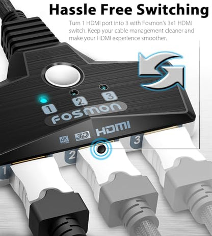 Fosmon 4K HDMI Switch 3 in 1 out 4K@60Hz, 3-Port HDMI Switcher HD 1080P 60Hz HDCP 2.2, HDMI Splitter Hub Compatible with HDTV, PS5/4, Xbox, Fire Stick - size: 4k@60Hz