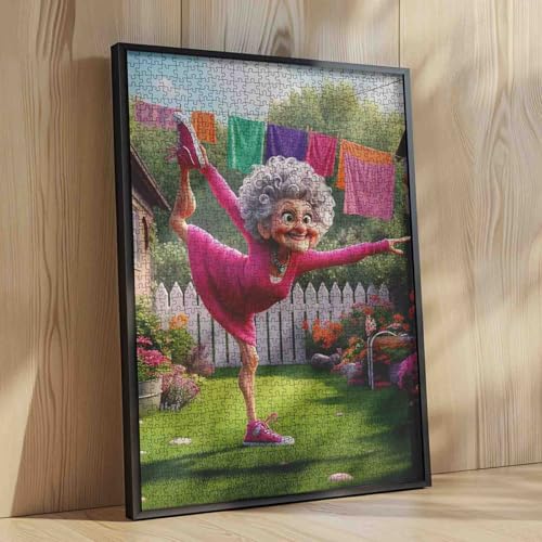 Funny Cartoon Granny Jigsaw Puzzle for Adults 1000 Piece Colorful Backyard Scene Elderly Lady Doing Yoga in Garden 20×27 Inches Puzzles Fun Brain Game for Family and Friends Stress Relief - color: Puzzle-old Woman-03