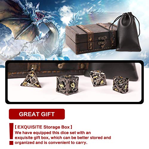 AncientDeer DND Dice Set 7 Pieces D&D Pure Copper Hollow Polyhedral | DND Dice W/ Gift Box & Dice Bag for DND RPG Explorers Savage World and Table DND Dungeons and Dragons Role Playing - color: Black Gold