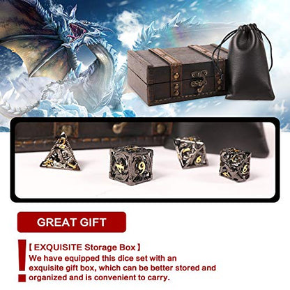 AncientDeer DND Dice Set 7 Pieces D&D Pure Copper Hollow Polyhedral | DND Dice W/ Gift Box & Dice Bag for DND RPG Explorers Savage World and Table DND Dungeons and Dragons Role Playing - color: Black Gold