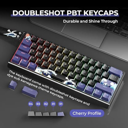 HITIME x XVX 60% Percent Keyboard with Strap, H61 Wired Aluminum Gaming Keyboard, Hot Swappable, Kanagawa Anime PBT Keycaps, RGB Backlit, Cherry Profile, Sound Absorbing Pads, Creamy Linear Switch - color: Black Kanagawa