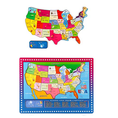 Wooden USA Map Puzzle, 46 Pieces US Map Puzzle for Kids, Educational Geography Puzzles United States Map Puzzle for Boys Girls Birthday Gift