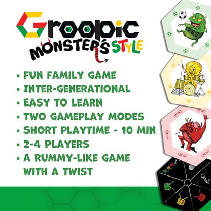 Groopic Monster's Style, Award-winning and Fun Twist on Rummy Game for kids | A fresh, innovative twist: build groups around definition cards. 53 big hexagonal cards, Monster Games for kids, ages 8+.