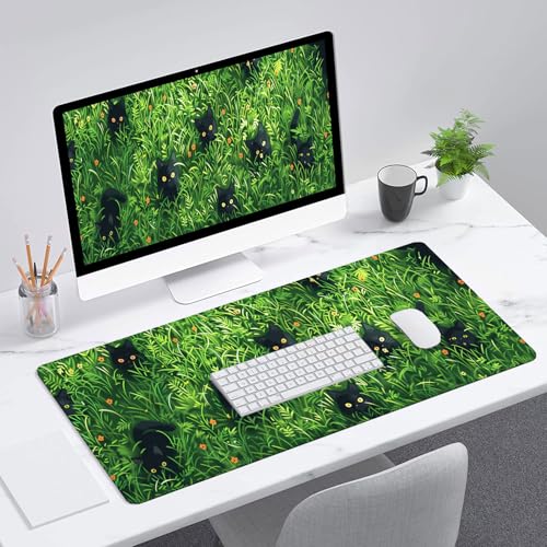 Cute Cat Desk Pad Mouse Pad Green Plant Kawaii Black Cat Flower Large Gaming Mouse Mat with Stitched Edges,Non-Slip Waterproof Rubber Base Mous Mat 31.5"x11.8" Office Computer Keyboard Laptop Home - color: Cute Cat_003, size: 11.8" x 31.5"