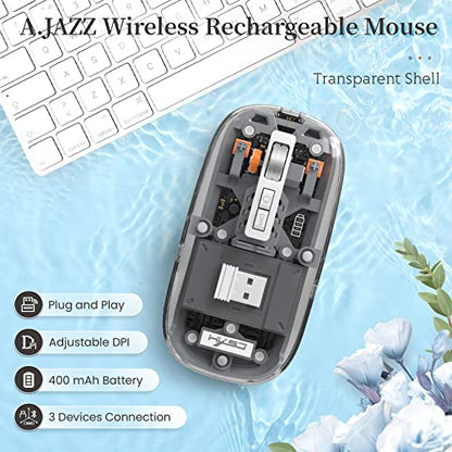 A.JAZZ Wireless Bluetooth5.1&2.4G Mini Lightweight Mouse,Transparent Clear Cool,Rechargeable Silent Computer Mice,Nano USB C Receiver,LED Battery Magic Silm for Office/PC/Mac/Laptop/Apple/ipad(Grey) - color: Grey