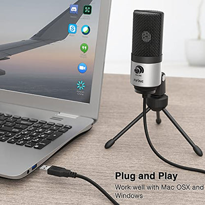 FIFINE K669 Silver USB Microphone for Zoom Video Meeting Online Class | Metal Condenser Mic, Gain Knob Control, USB Plug and Play, Work with Desktop/PC - color: Silver