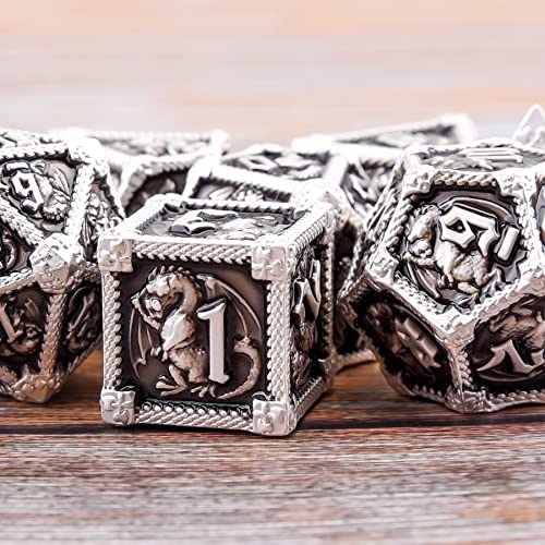 AUSTOR 7-Die Metal DND Dice Set Dungeons and Dragons Polyhedral Roll Playing Dice with Box D20 D12 D10 D% D8 D6 D4 for Pathfinder MTG RPG Board Games - color: Black With Silver Edge