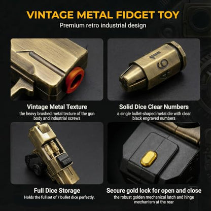 7 Piece Metal Polyhedral Bullet Dice Set with Shooting & Fidget Modes, Pistol Shaped Case & Bullet Dice for Cyberpunk Style Tabletop RPG Dice, Fidget Toy for Stress Relief (Golden) - color: Golden